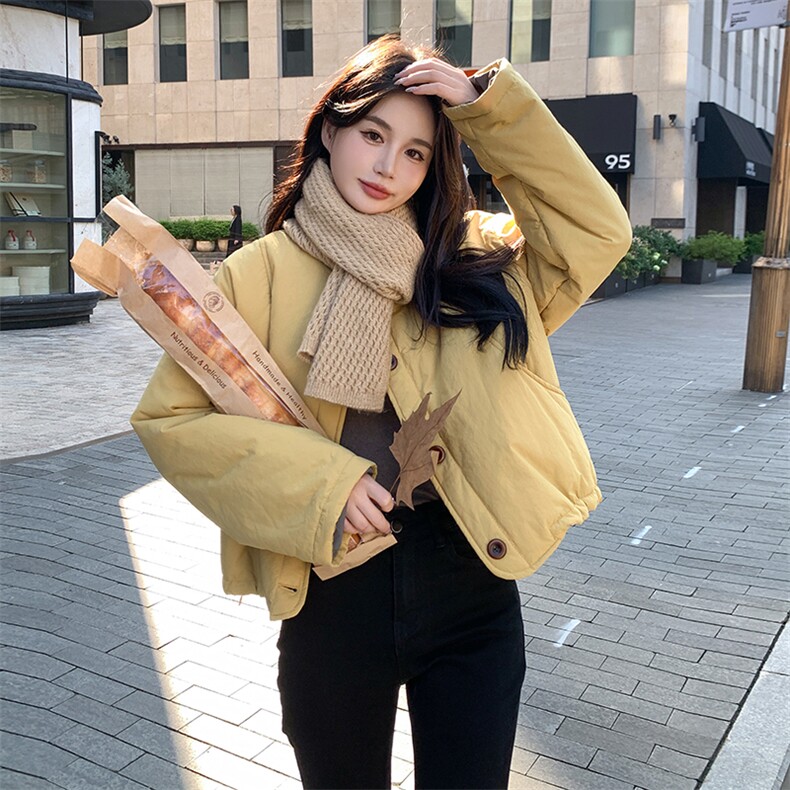 纯色圆领短款单排扣棉服外套2C215-P145-K205,女装棉衣/棉服,2C215