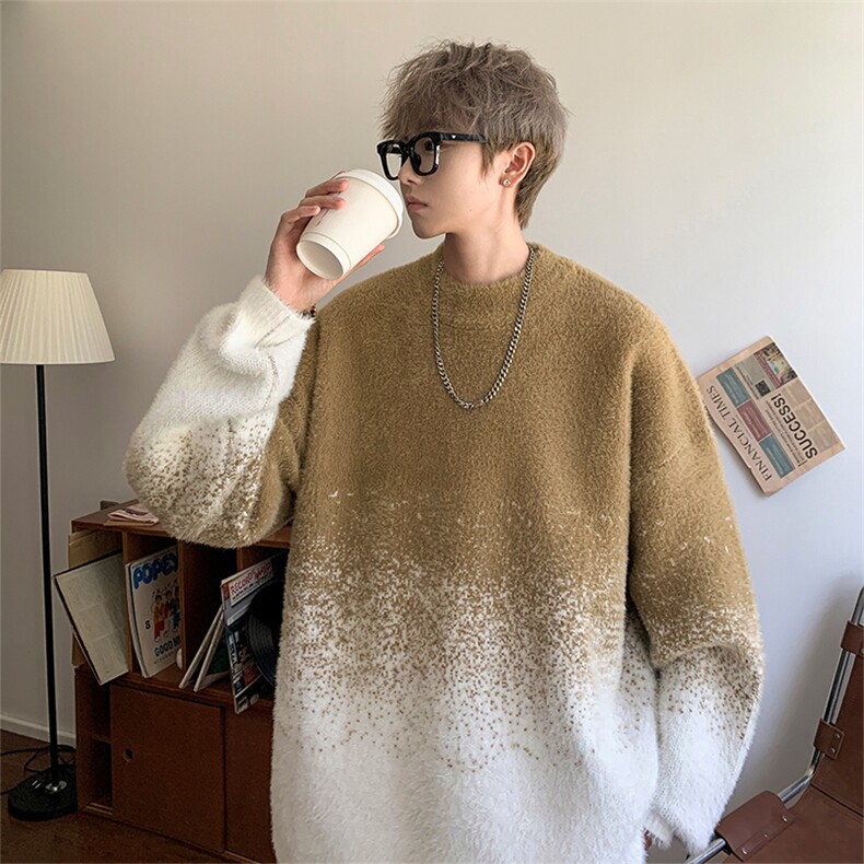 冬季新款D5588-TP5078仿貂毛美式复古休闲宽松渐变圆领毛衣,男装针织衫/毛衣,电商A102