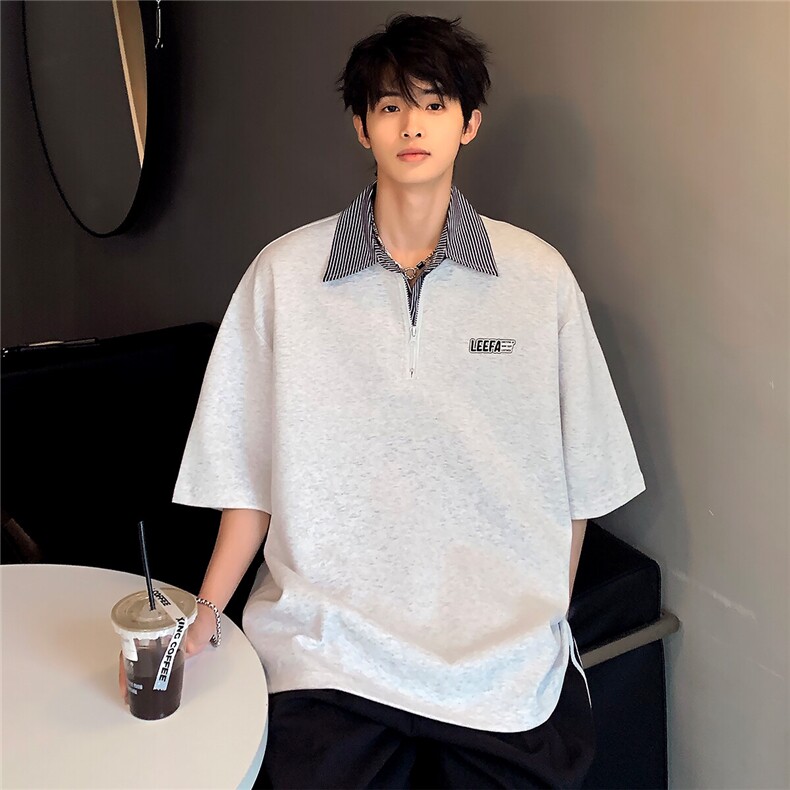 假两件衬衫领polo衫男夏季格纹撞色半袖半拉链hiphop短袖T恤上衣,男装Polo衫,电商C307