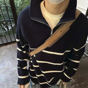 M202-P46ins加厚半拉链条纹毛衣男士立领秋冬慵懒宽松针织衫