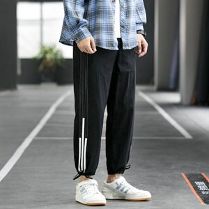 新款休闲裤男侧边条纹韩版潮流抽绳束脚运动裤宽松男裤DS876T图片