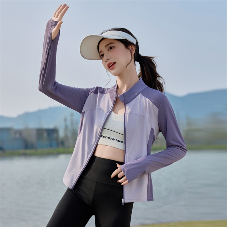 夏季冰丝透气户外防晒衣女2025新款时尚拼色修身瑜伽防晒服薄外套，女装防晒衣，悦祺