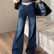 复古深蓝灰阔腿牛仔裤女秋季新款显瘦辣妹猫须纹宽松低腰直筒裤子，男装牛仔裤，星座506A