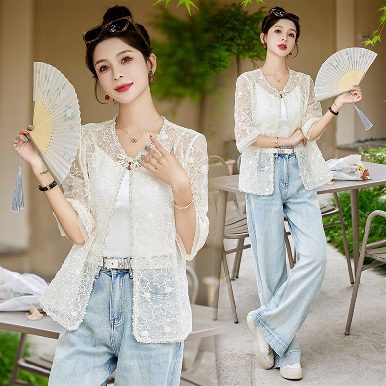 夏季2025新款薄款长袖蕾丝雪纺防晒衬衫新中式复古刺绣盘扣上衣女，女装防晒衣，妙形