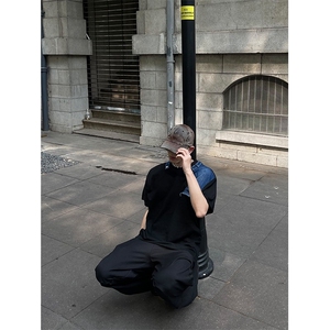 美式潮牌帅气牛仔拼接重磅短袖拼色设计小众半袖宽松休闲t恤上衣图片