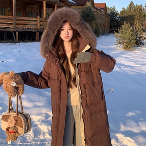 （现货！）长款连帽狐狸毛领宽松阔版加厚保暖羽绒服女