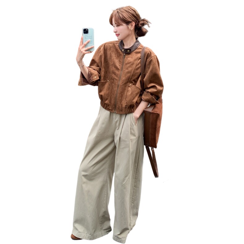 棕色复古麂皮绒短外套女2025年秋季新款韩系高级感小个子休闲夹克,女装短外套,2C258