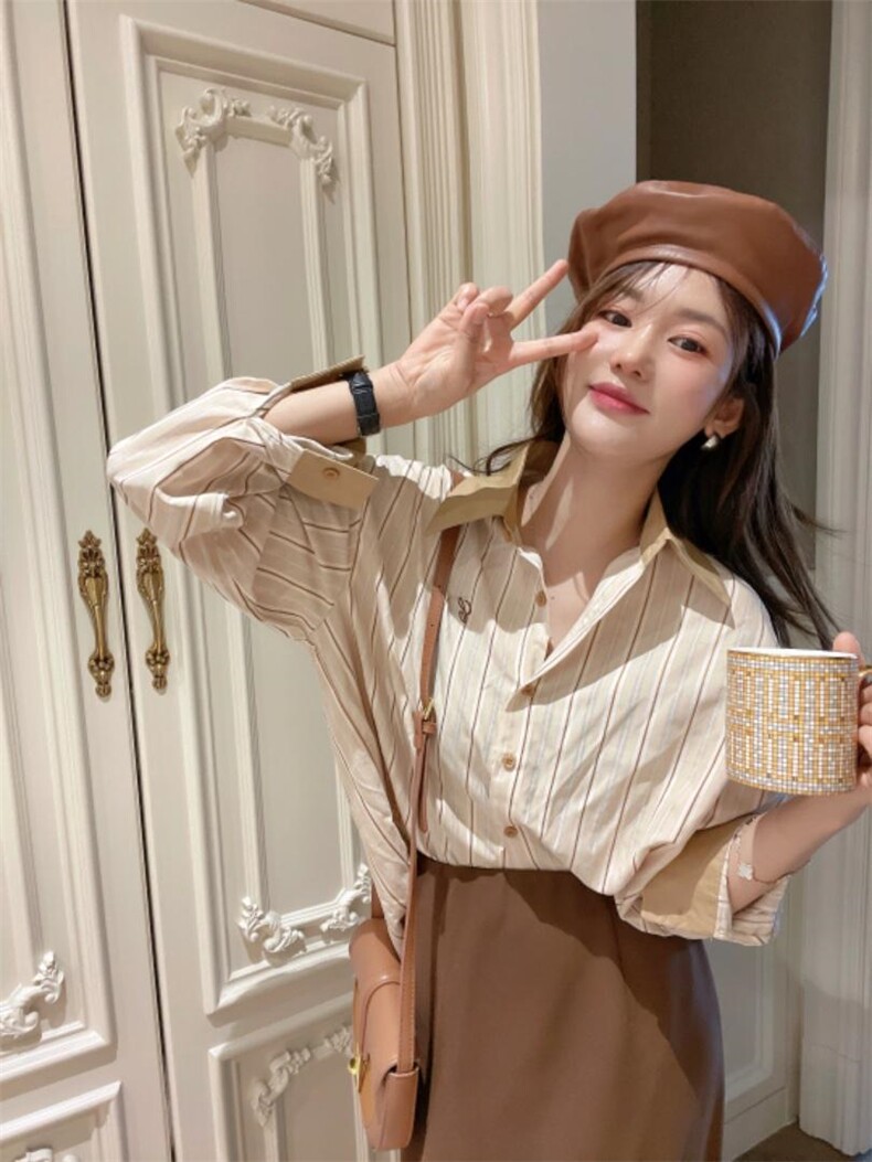 新版条纹衬衫，女装衬衫，唇蔻