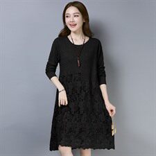 优雅蕾丝拼接长袖连衣裙显瘦气质女装，女装连衣裙，江忆布依