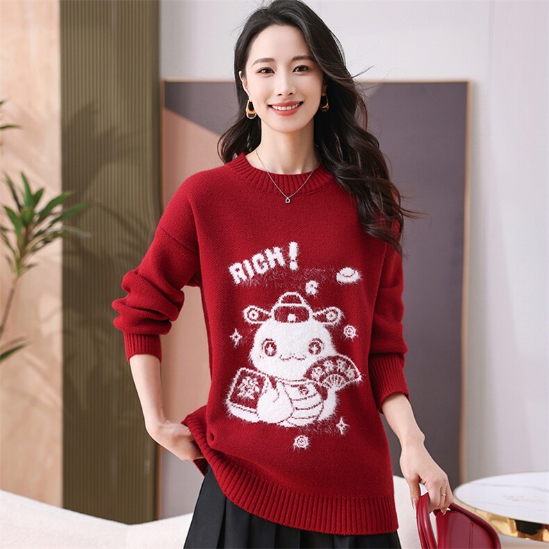 现货圣诞穿搭新年红色毛衣秋冬季加厚大码显瘦宽松针织衫正肩上衣，女装羊毛衫，韩然一族