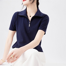 纯棉线针织拉链半开领短袖T恤女2025夏薄透气小衫上衣polo翻领t恤，女装T恤，丽特绒