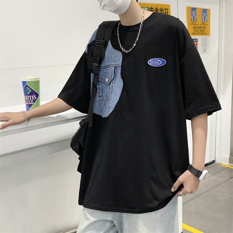 情侣装夏季小众设计感牛仔拼接潮流短袖女T恤男上衣T073-P28,男装T恤,星座308B-1