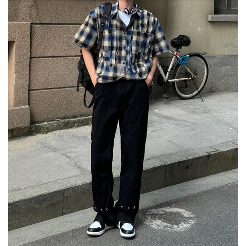 微喇机能拼接扣子牛仔小黑裤潮牌直筒裤男士高街长裤~B783,男装休闲裤,星座601-2