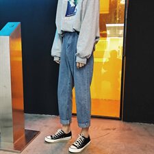 主推宽松九分牛仔裤男chic潮流港风bf直筒阔腿裤子KZ306，男装牛仔裤，星座1008