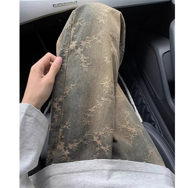 【现货】提花牛仔裤男秋季阔腿裤设计感潮满印长裤NZA236图片