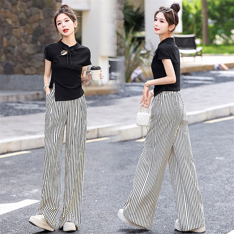 爆款衬衫条纹拖地垂感冰丝阔腿裤套装两件套女夏时尚洋气减龄休闲，女装套装/套裙，罗腾