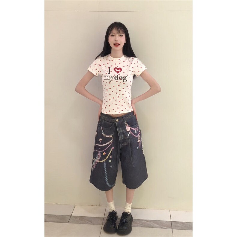 【有货】N1241CC-特P53 美式3D链条彩色印花七分牛仔短裤男女图片