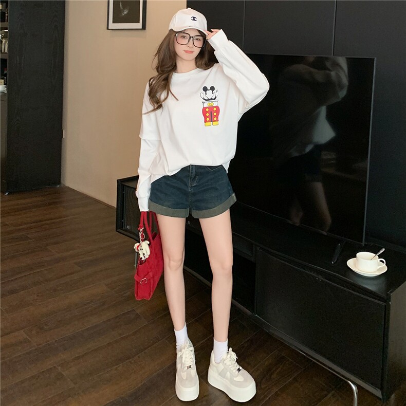 女早秋新款韩版运动休闲套装卡通印花圆领上衣宽松牛仔短裤两件套,女装套装/套裙,2C310