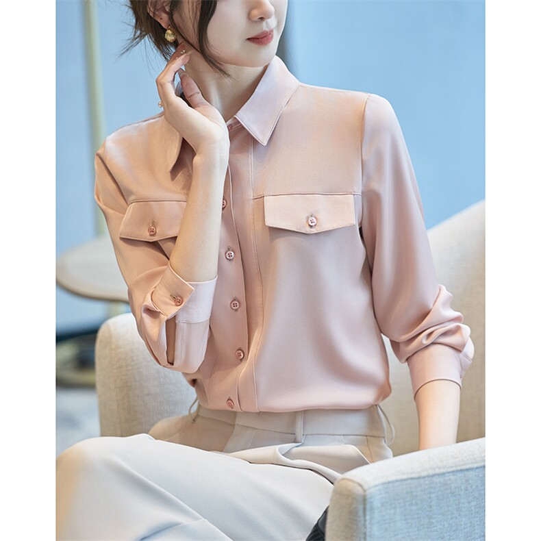 2025年夏季修身型百搭七分袖POLO领有内涵得缎面衬衫,女装衬衫,帝知娇羊绒