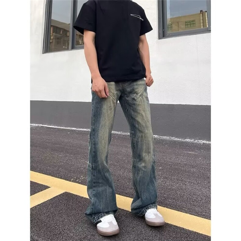 水洗做旧阔腿牛仔裤潮牌宽松垂感裤子高街直筒拖地长裤NZH8079,男装牛仔裤,星座516A