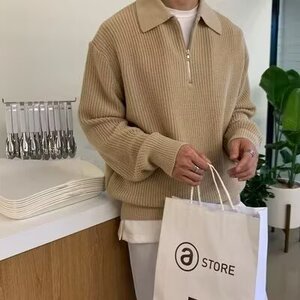 半高领拉链针织衫男美式复古宽松落肩长袖t恤慵懒风套头毛衣外套