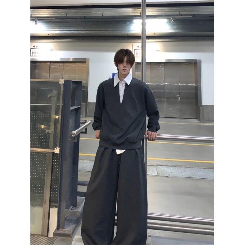 秋季新款男士时尚韩系ins高级时尚简约潮流假两件条纹衬衫领套装,男装衬衫,四季星座505