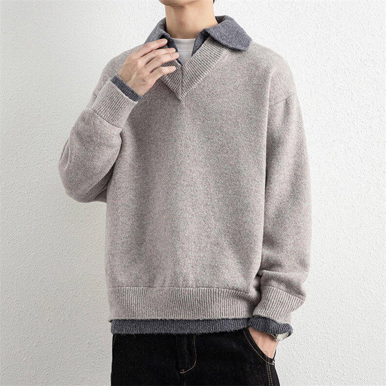 25673-P75重磅加厚翻领毛衣外套男针织衫假两件翻领宽松打底衫,男装T恤,电商D310B