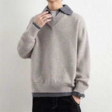 25673-P75重磅加厚翻领毛衣外套男针织衫假两件翻领宽松打底衫，男装T恤，电商D310B