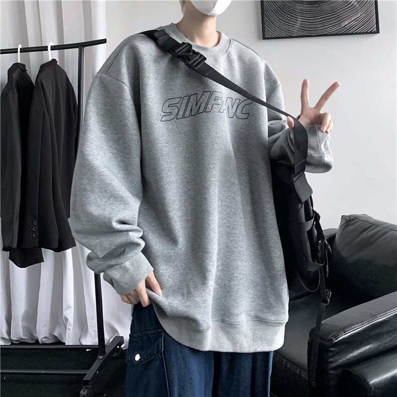灰色重磅圆领卫衣男春秋季美式潮牌字母印花外套痞帅休闲机车上衣,男装工装外套,电商A036A
