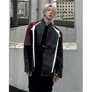 拼色PU皮衣夹克男款春秋季潮牌设计感机车服外套 J3608图片