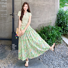 休闲风碎花法式百褶女装长裙中长款时尚套装印花显瘦气质洋气高腰，女装套装/套裙，2C158