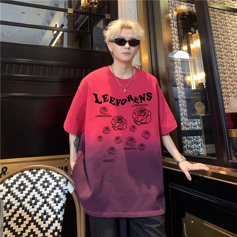 美式复古渐变字母印花短袖T恤男女情侣宽松休闲百搭圆领上衣特p38,男装T恤,电商C307A