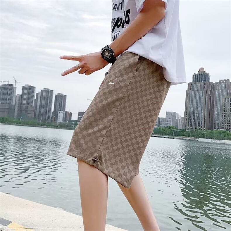 男春季新款时尚潮流休闲棋盘格毛绒面料短裤T2209P25,男装休闲裤,星座1116-2