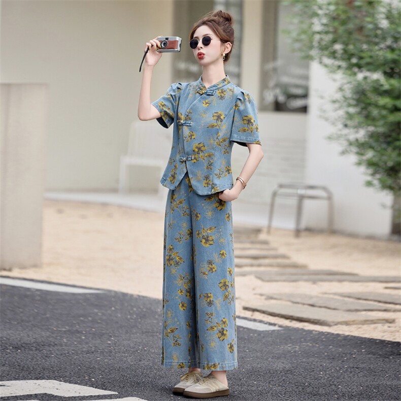 新中式印花牛仔套装女2025夏季新款爆款气质高级感阔腿裤两件套,女装套装/套裙,曼娅璐