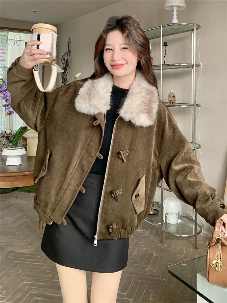复古毛领派克羽绒服女冬短款小个子牛角扣加厚白鸭绒内胆毛呢外套,女装羽绒服,艾米莉亚