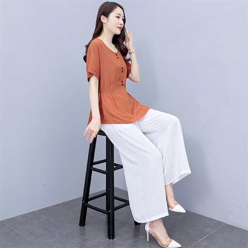 天丝棉麻套装2026夏季新款宽松大码女装显瘦减龄阔腿裤亚麻两件套,女装套装/套裙,尚洛菲