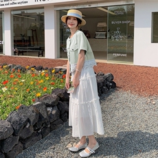 小清新蕾丝拼接薄款牛仔上衣套装裙女夏新款休闲显瘦半身裙两件套，女装套装/套裙，2C133