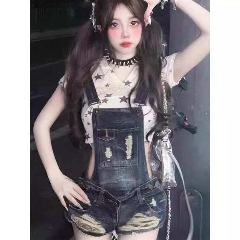复古蓝色破洞分体两穿牛仔背带短裤女夏季辣妹宽松显瘦百搭热裤子,男装牛仔裤,星座1210-1