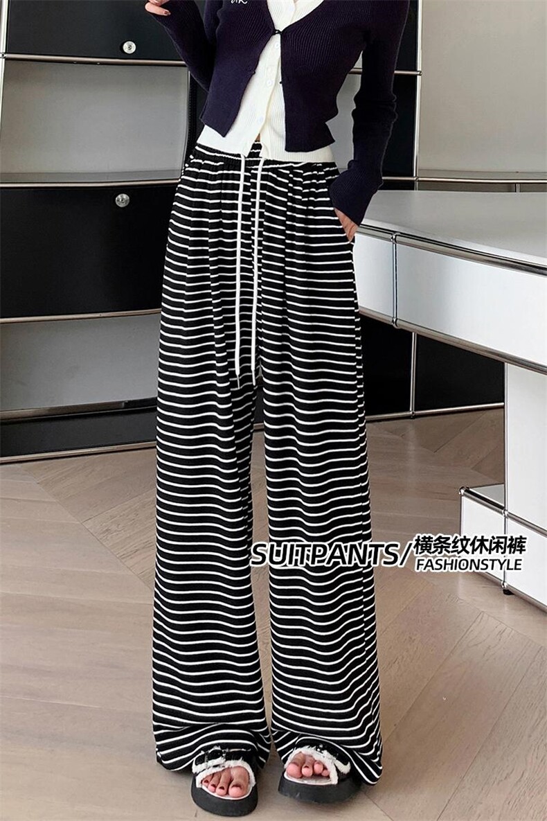 条纹抽绳垂感休闲裤女秋季拖地直筒长裤宽松高腰阔腿遛弯裤子,女装休闲裤,梦白服饰厂
