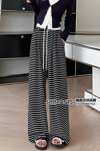 条纹抽绳垂感休闲裤女秋季拖地直筒长裤宽松高腰阔腿遛弯裤子图片