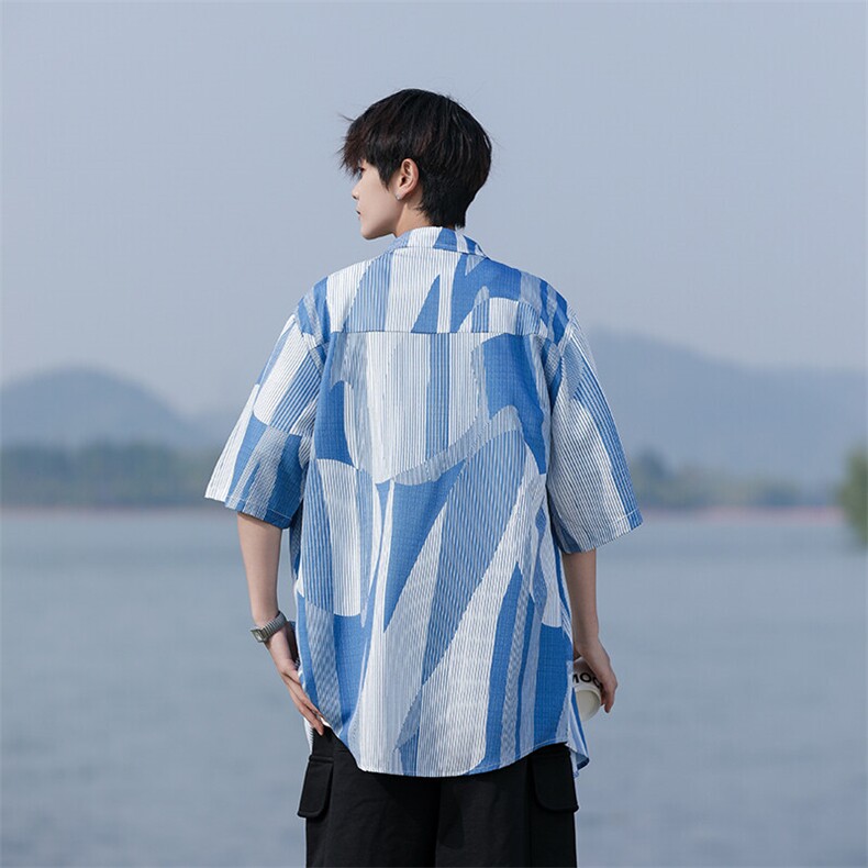 胖胖哥美式复古撞色条纹短袖衬衫男夏季大码宽松衬衣外套休闲上衣,男装衬衫,星座109-1