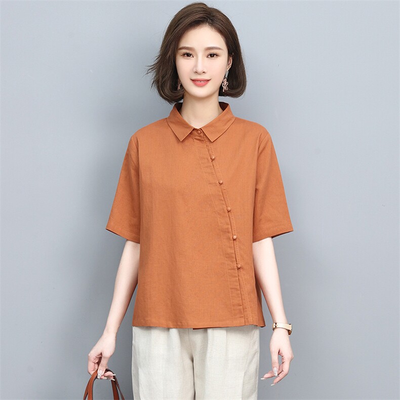 棉麻衬衫女2024夏季新款妈妈短袖衬衣中老年洋气亚麻薄款半袖上衣图片