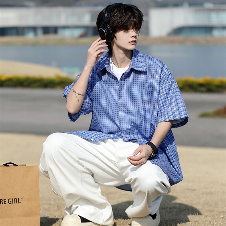 8XL-M短袖衬衫男夏宽松慵懒风痞帅条纹格子衫半袖外套DC28005P40,男装衬衫,电商B312