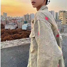 做旧牛仔外套男女宽松秋季款ins刺绣提花夹克黄泥色翻领JK313，男装工装外套，星座516A