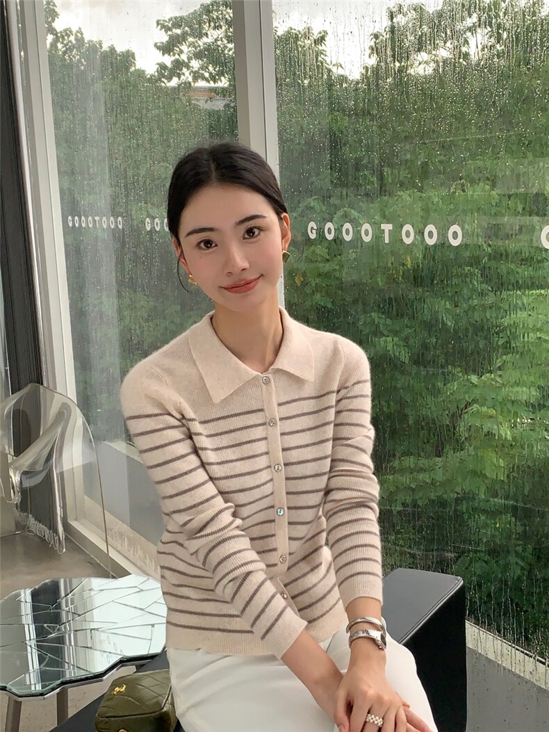 秋冬新款polo领女纽扣修身开衫保暖上衣针织衫,针织衫/毛衣,玛卡隆羊绒