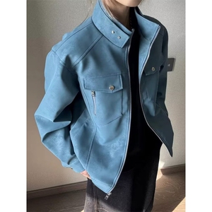 蓝色短款pu皮夹克男款春季立领机车服皮衣哈灵顿工装外套 J5354图片