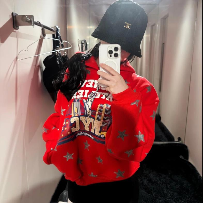 可爱风苹果刺猬刺绣连帽卫衣女秋冬宽松甜美设计感毛球装饰外套潮,女装短外套,星座506A