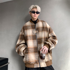 M883TP78毛呢格子外套男港风复古棒球领休闲宽松秋冬廓形夹克上衣，男装夹克，电商A170