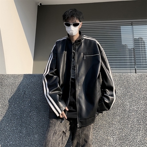 港风秋款男立领皮衣夹克衫条纹拼接工装拉链休闲皮外套JK8231 P70图片