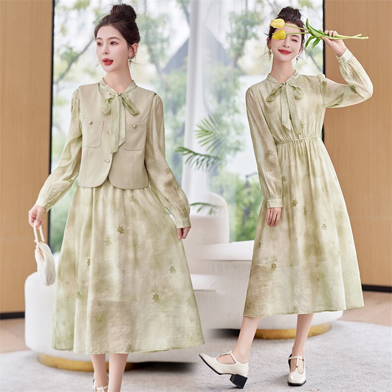 长袖连衣裙2024春秋新款高端精致小香风气质马甲扎染衬衫裙裙，女装连衣裙，韩蜜菓